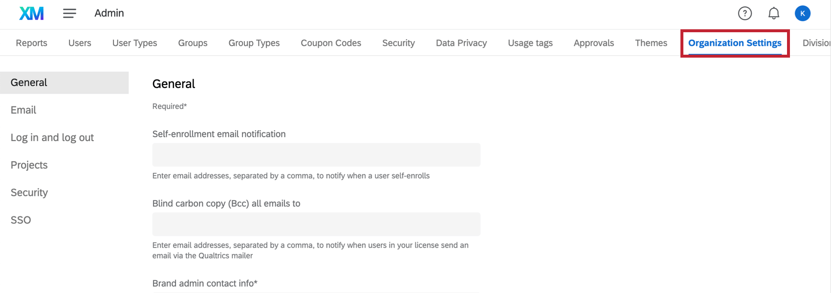 Organization Settings tab within the Admin page