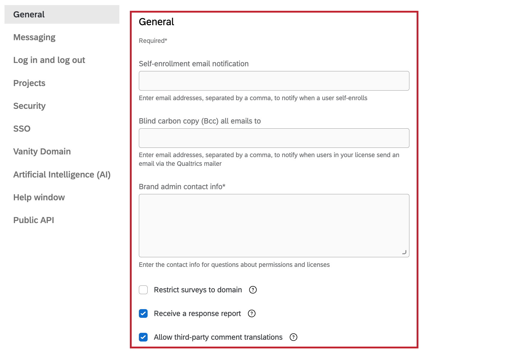 a seção geral de configurações organização