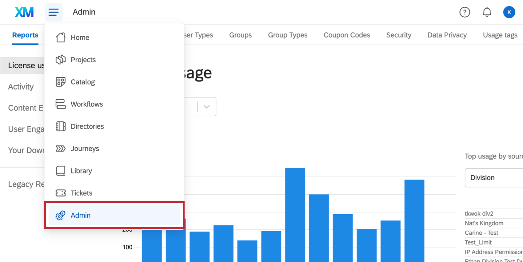 Botão Admin na navegação global