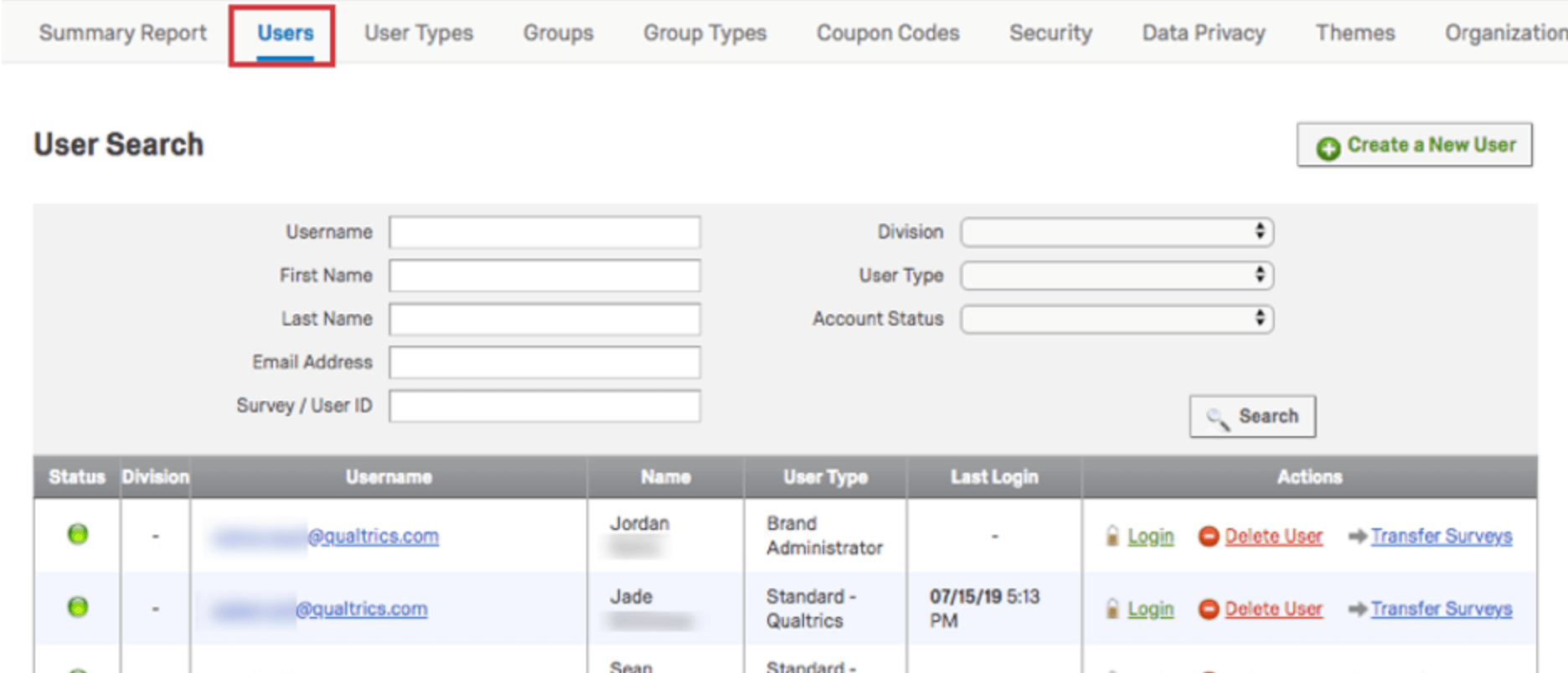 Admin page chosen upper-right, then lower, left, chose Users. See a list of users and an advanced search