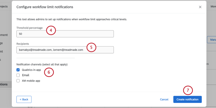 inserire una soglia, i destinatari e scegliere i tipi di notifica