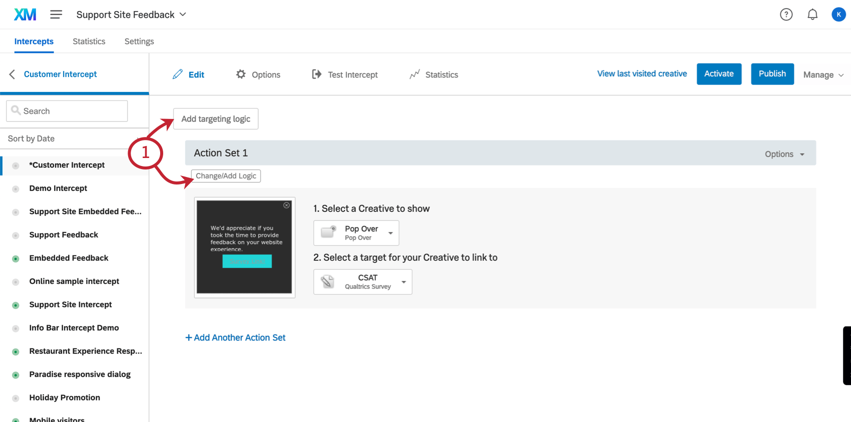 すべてのアクションセットの左上にある「Add Intercept Display Logic」ボタンと、各アクションセットの中にある「Change/Add Logic」ボタン。