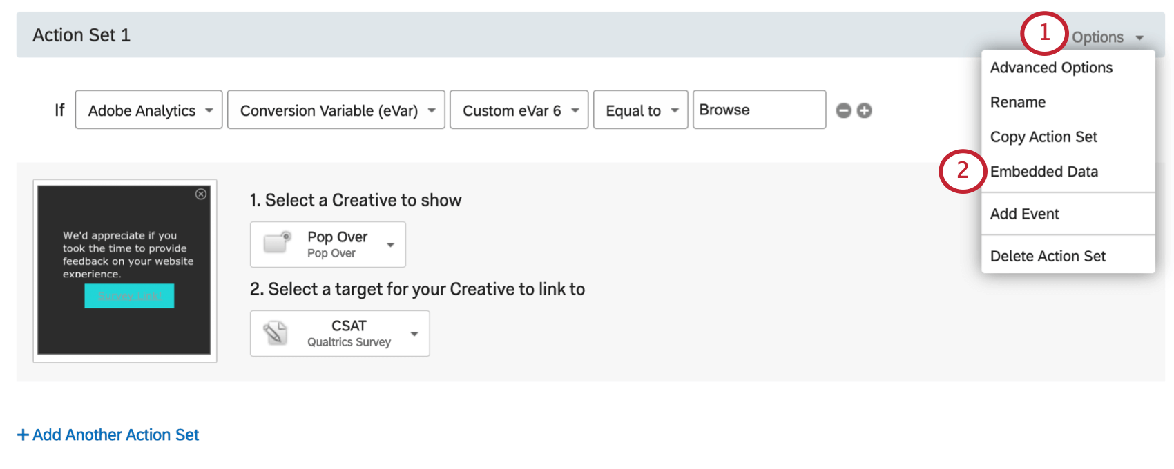 Clicar em Options (Opções) no canto superior direito de uma Action (Ação) revelou um menu com a opção Embedded Data (Dados incorporados)