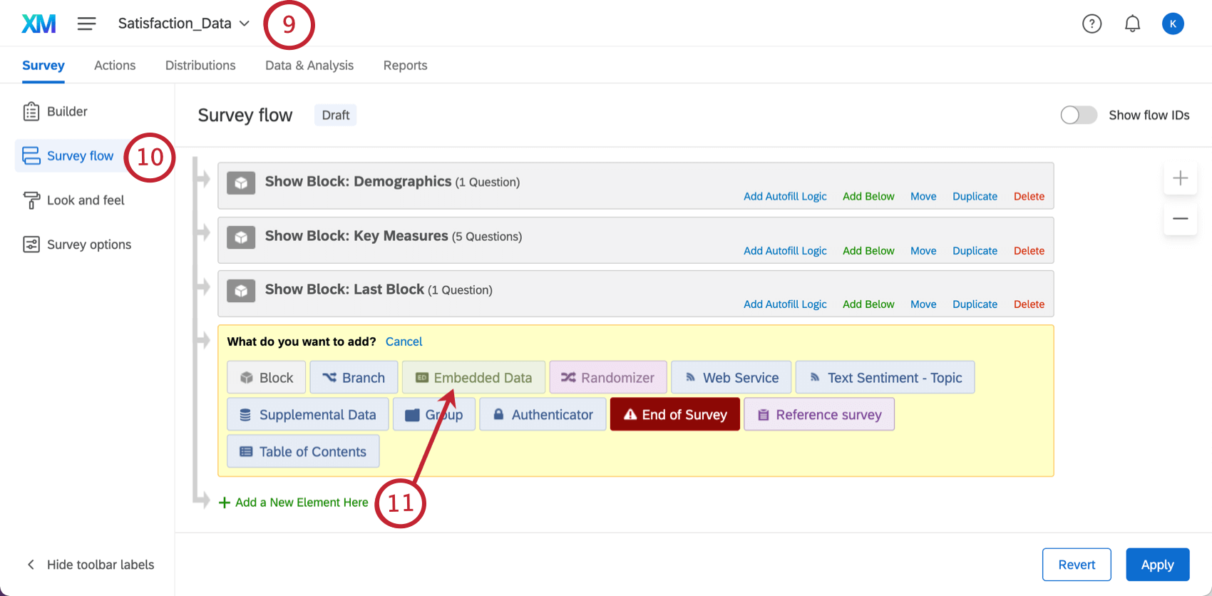 Survey Flow in toolbar at left. Yellow what do you want to add? menu with Embedded Data indicated