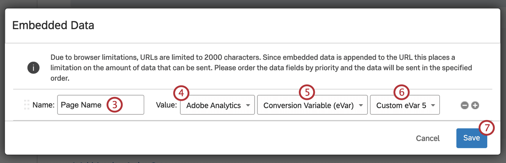 埋め込みデータが PAge Name に設定されている埋め込みデータウィンドウ Adobe Analytics Converson Variable (eVar) の値 No Integration equal to Custom eVar 5