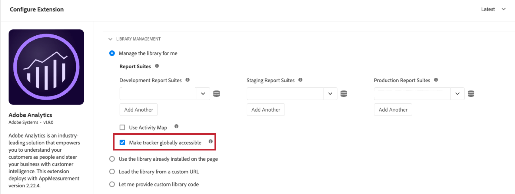 Option „Tracker global zugänglich“ bei der Konfiguration der Adobe-Analyseerweiterung aktivieren
