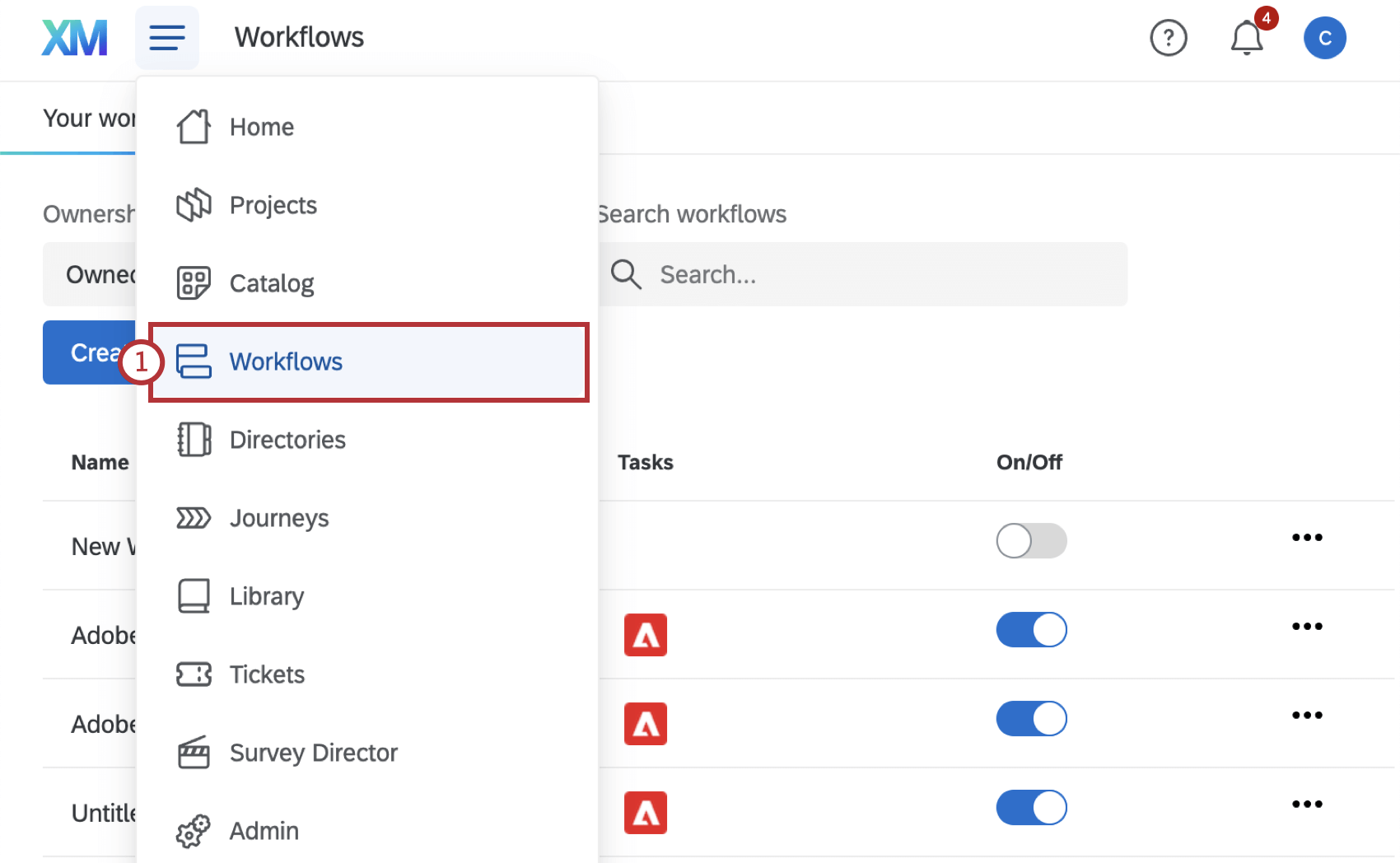 navigation menu with workflows highlighted