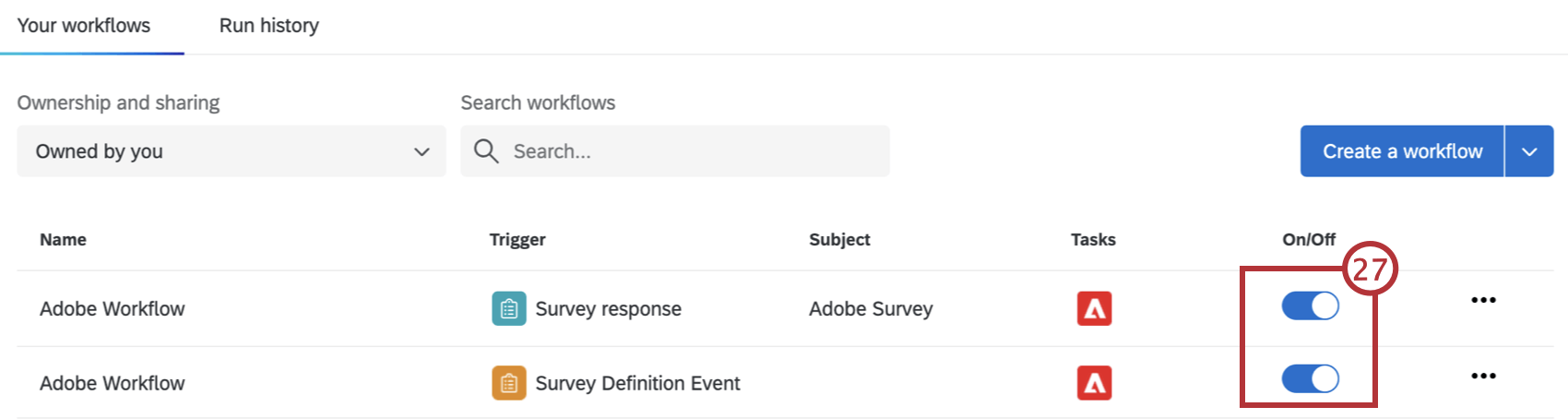 on/off column on workflows page highlighted
