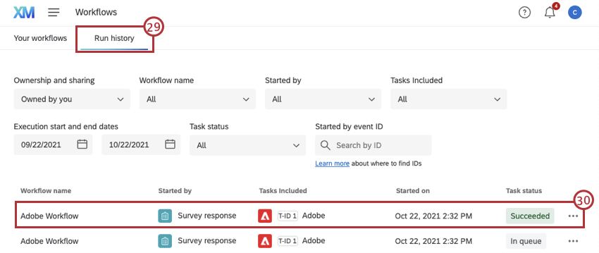 run history section of the workflows tab