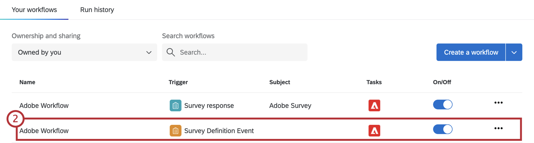 workflows tab with Survey Definition Event workflow highlighted
