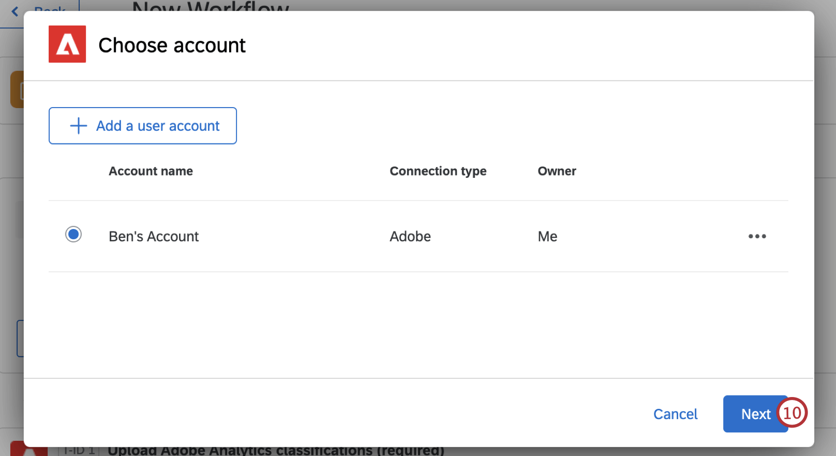 Seleccionar una cuenta para una tarea de flujo de trabajo de Adobe