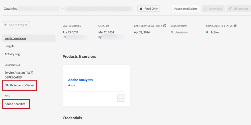 naviguer vers un projet avec des identifiants oauth disponibles