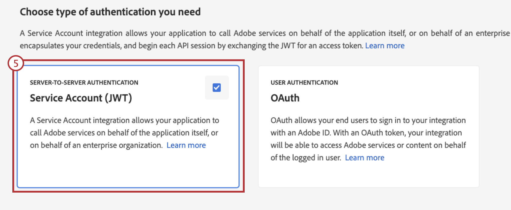 opzione di autenticatore dellaccount di servizio quando si crea un nuovo progetto Adobe