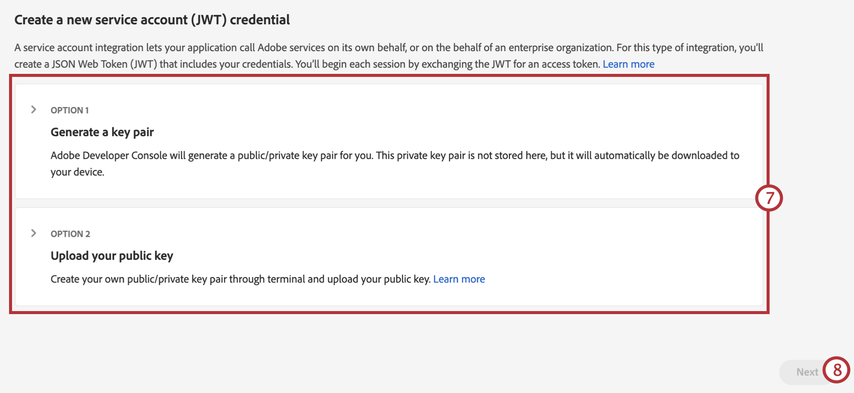 création des informations didentification du compte de service dans un nouveau projet Adobe