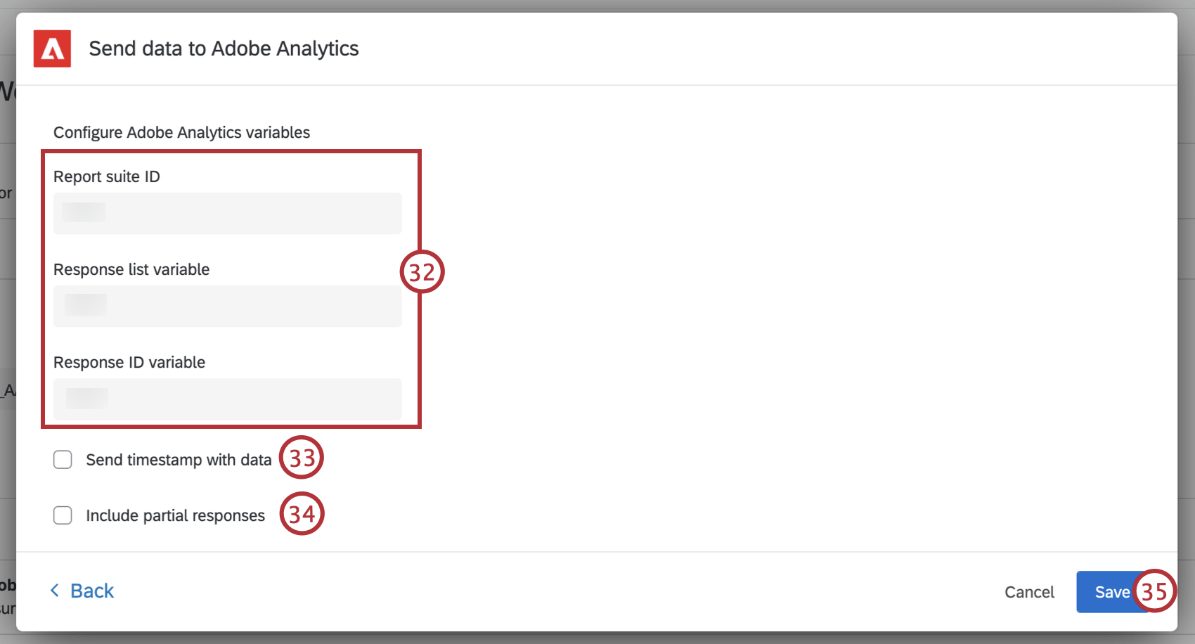 verifying the report suite id, response variable list, and response id variable