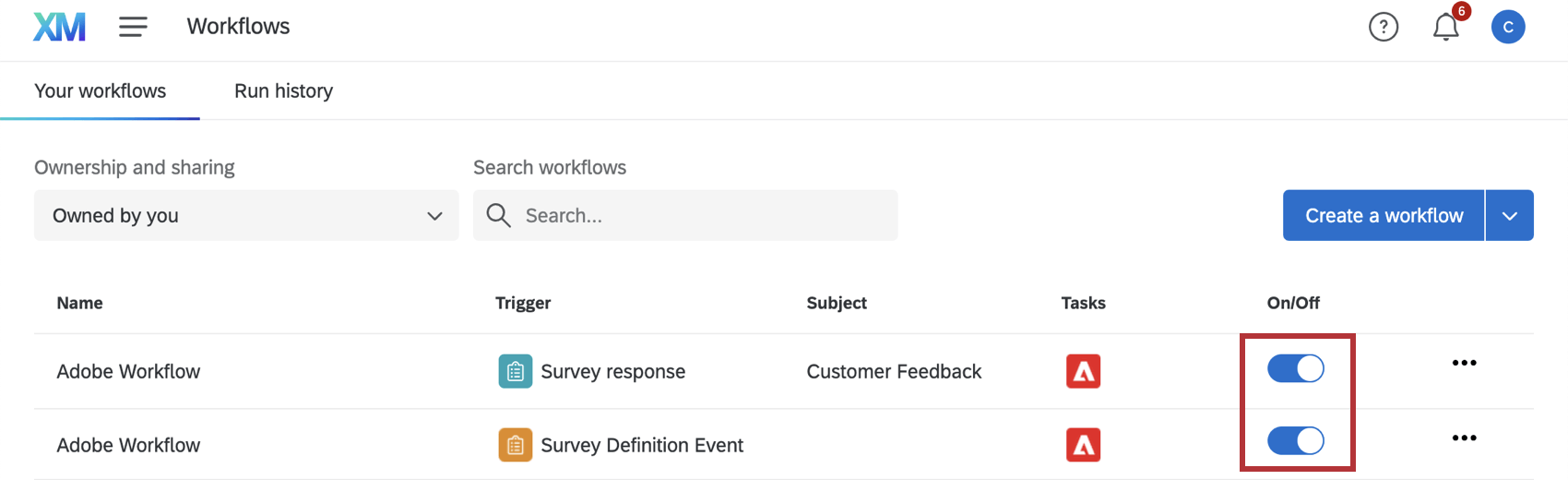 Die Workflows sind eingeschaltet.