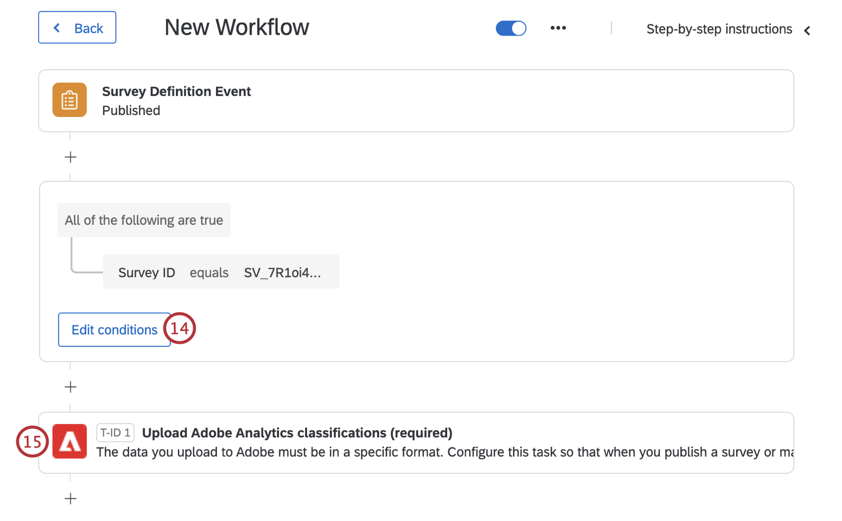 Agregar condiciones y la tarea Cargar clasificaciones de Adobe Analytics