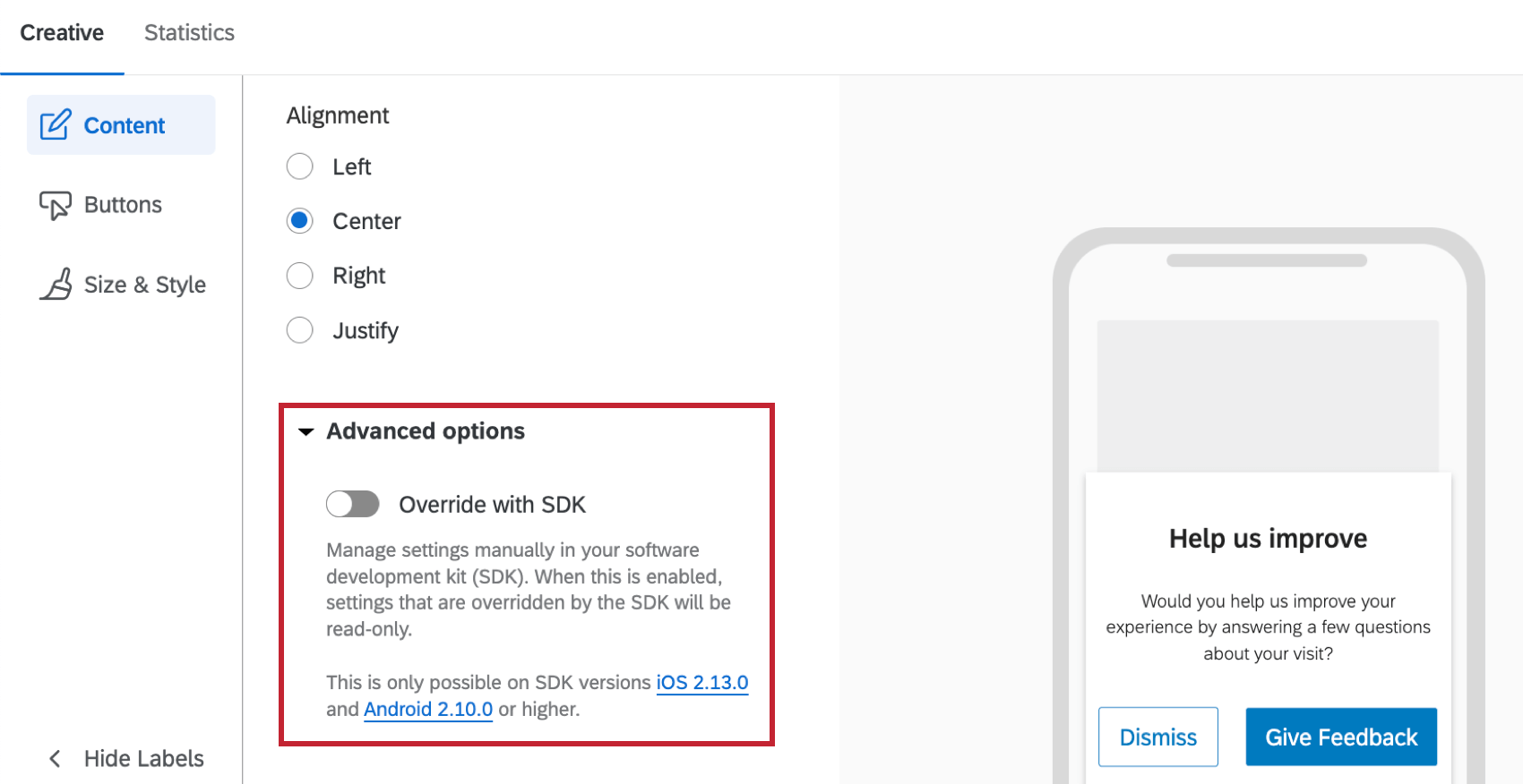 mit SDK-Einstellung überschreiben