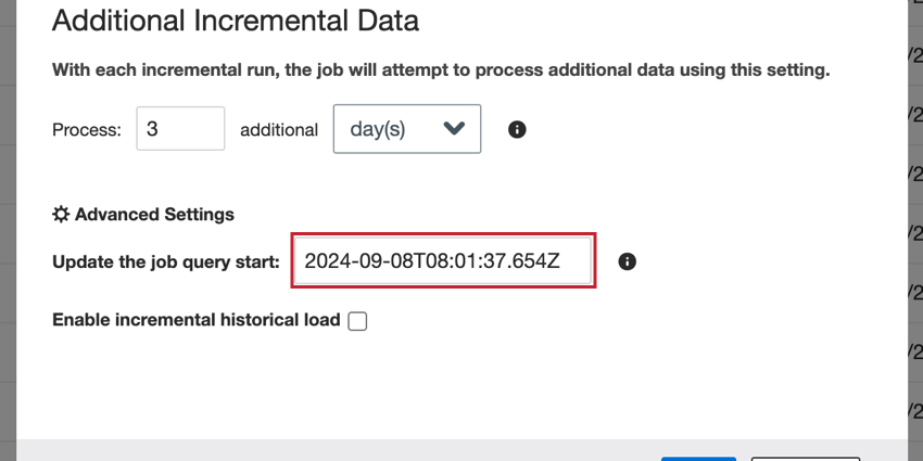 The "Update the job query start" in the advanced settings section