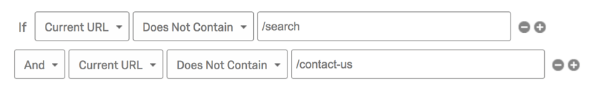 If current URL does not contain search and current URL does not contain contact us