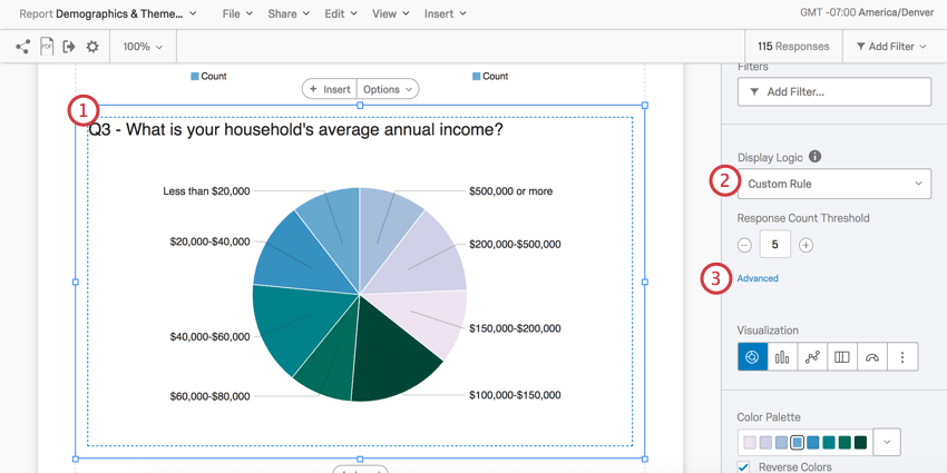 Pie Chart é selecionado e, no painel de edição à direita, estão as opções descritas