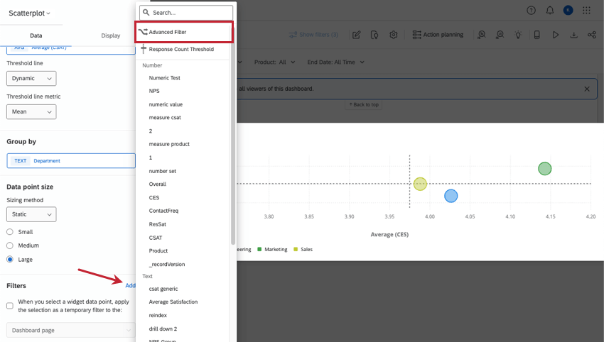 Los filtros y filtros avanzados se resaltan en un widget en el modo de edición