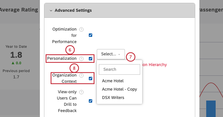 Cochez la case Personnalisation. Sélectionnez une des hiérarchies dorganisation actives dans le menu. Vous pouvez activer loption Contexte de lorganisation pour permettre aux utilisateurs de voir, mais pas daccéder, à lensemble de la hiérarchie de lorganisation dans les filtres du tableau de bord, quelle que soit leur position au sein de celle-ci. Cette étape est facultative.