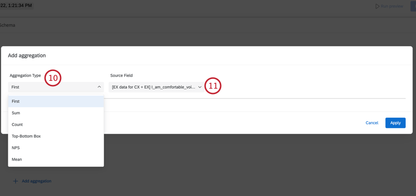 choosing an aggregation type and source field