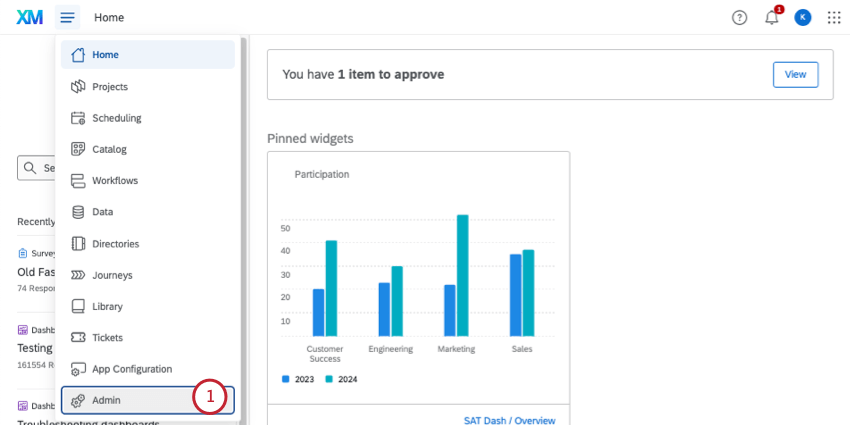 Abrir o menu de opções e selecionar admin