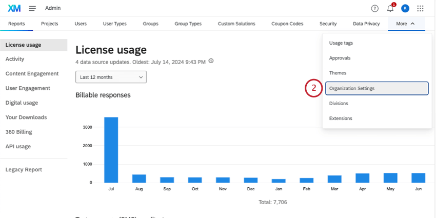 from list of admin pages, clicking more, then selecting organization settings