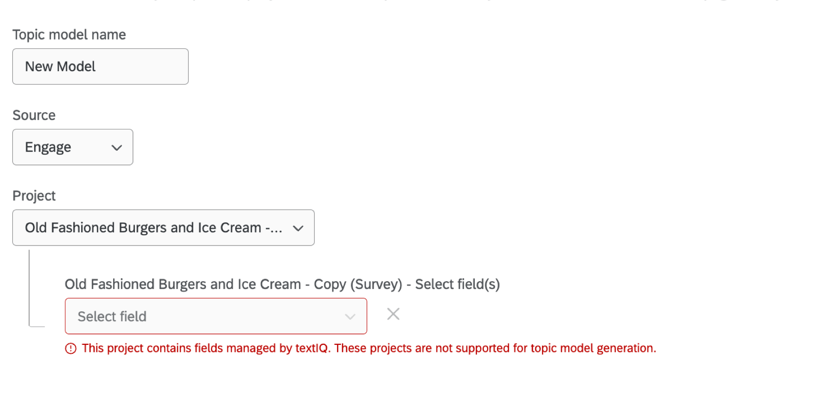 receiving an error that the selected project already has a Text iQ model associated with it