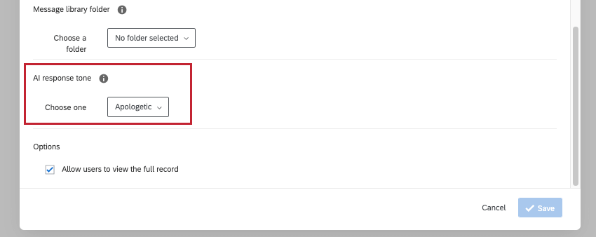 eine Aufgabe für ein Ticket in einem Workflow erstellen, und es gibt ein Feld für den KI-Antwortton