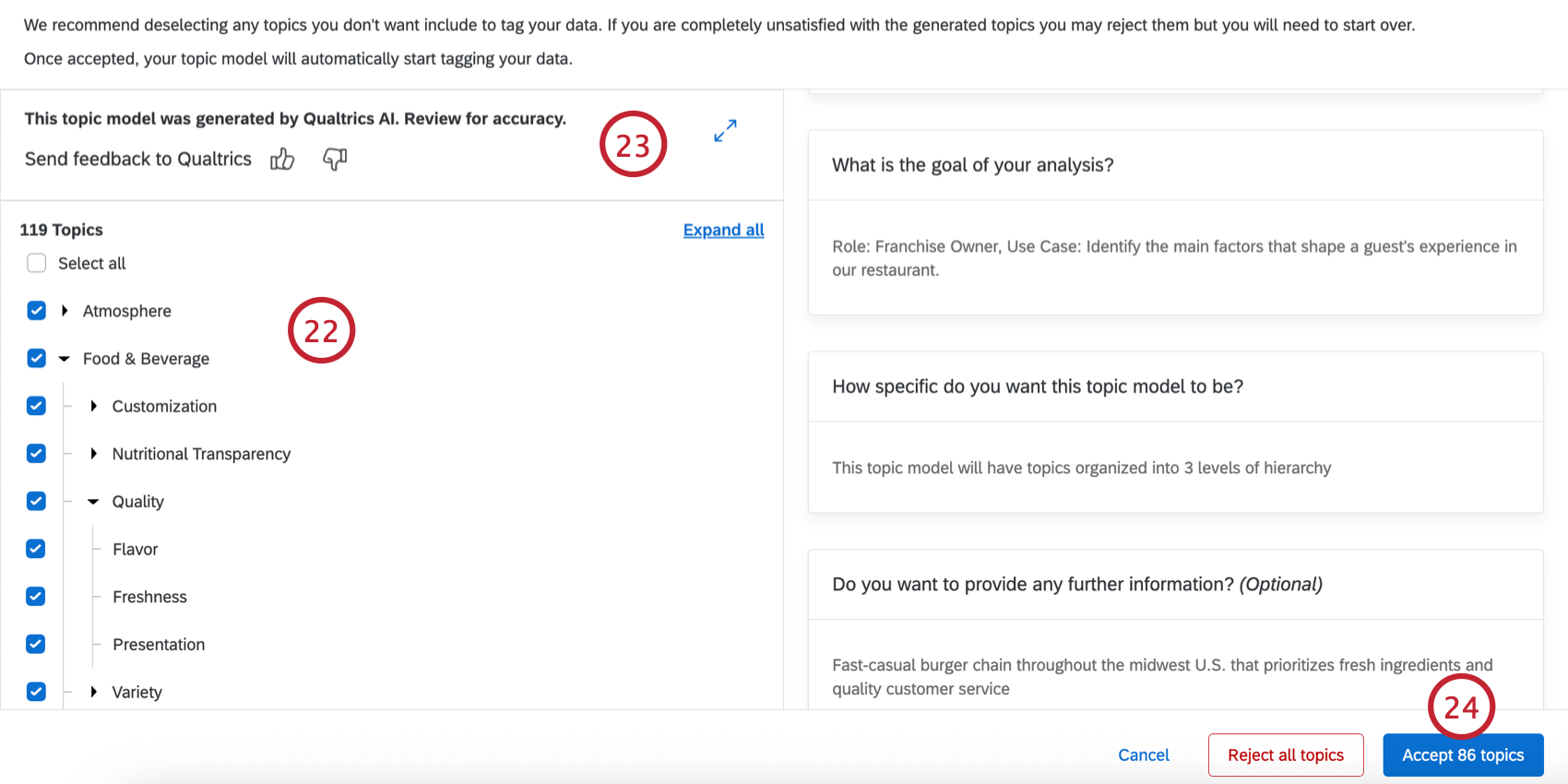 reviewing the model and deselecting any unwanted topics