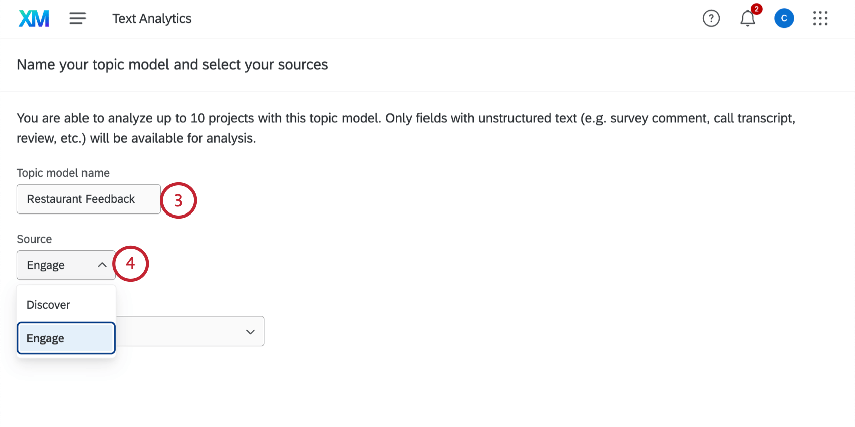 giving the model a name and selecting Engage as the data source