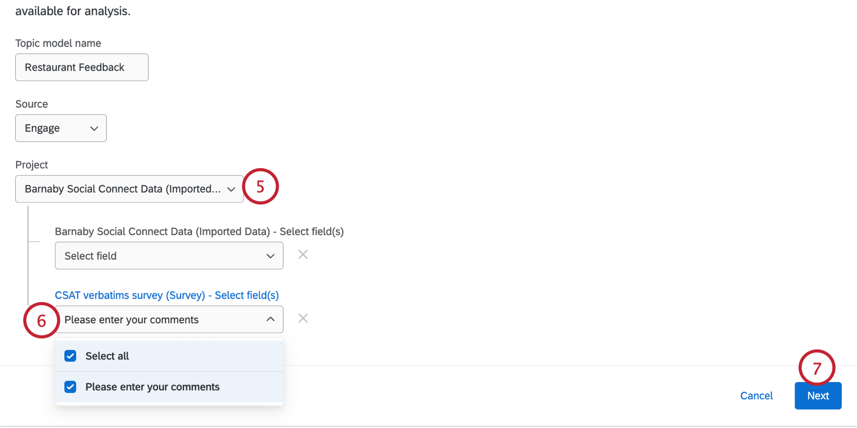 selecting the projects and fields to include
