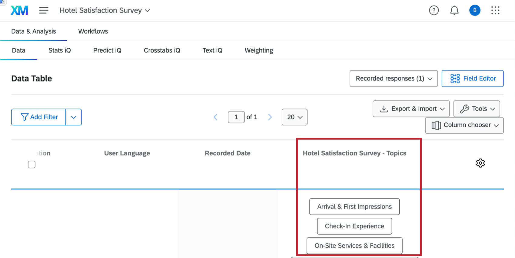 viewing the ai topic fields in the Data & Analysis tab of the project