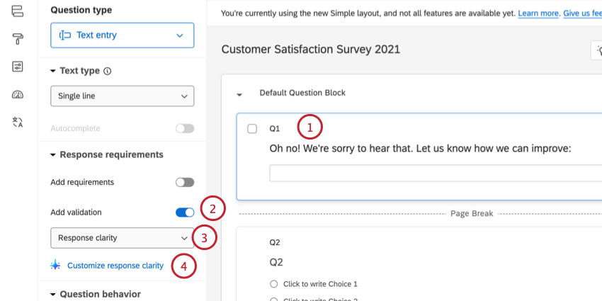 permettre la validation de la clarté des réponses à une question de saisie du texte