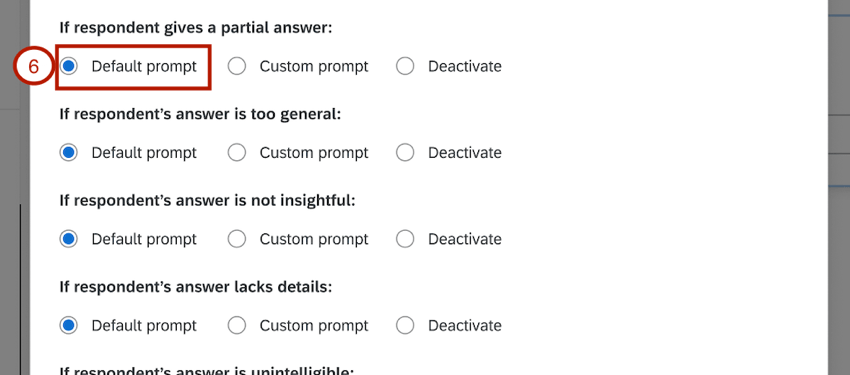 enabling default prompt for a criteria category
