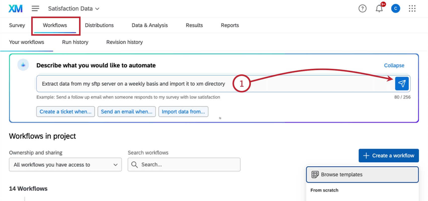 in der Registerkarte "Workflows" eines Projekts eine Aufforderung zur KI-Generierung zu übermitteln