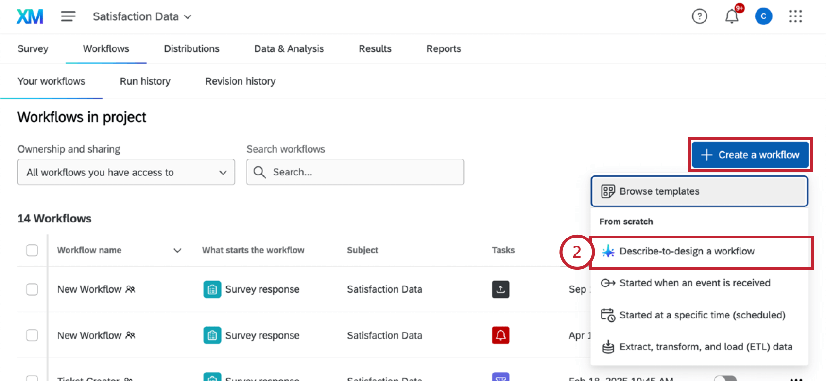 selecting "describe to design a workflow" from the "create a workflwo" button