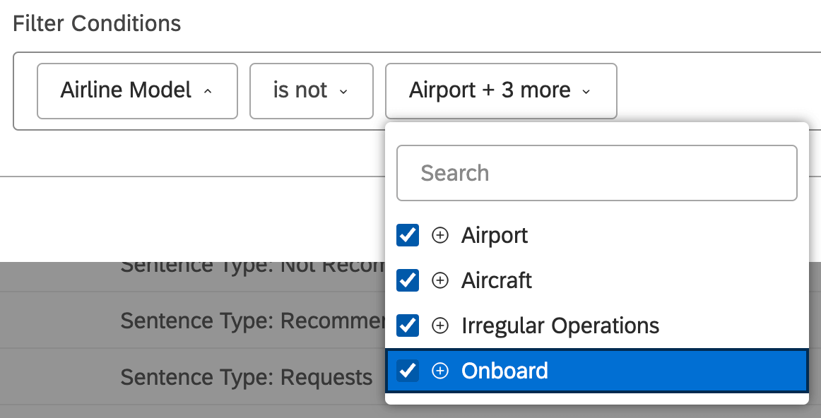 Filter conditions say Airline is not Airport, Aircraft, Irregular Operations, or Onboard