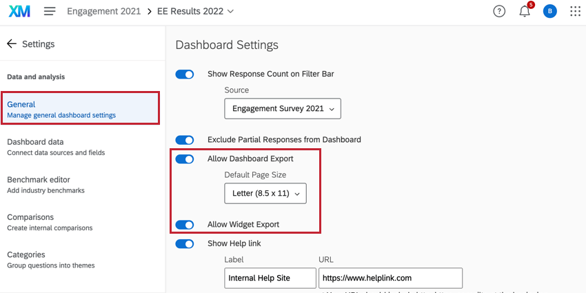 activation de lautorisation de lexportation de pages et de lautorisation de lexportation de Widgets dans les paramètres généraux du tableau de bord