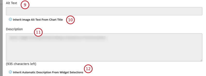 Provide text to describe your chart and make it more accessible to users who rely on screen readers in the Alt Text field. To use the chart title as alt text, select the Inherit Image Alt Text From Chart Title checkbox. To provide alt text manually, deselect the Inherit Image Alt Text From Chart Title checkbox and type your text into the box. Enter a brief summary for your chart in the Description box to make the chart more accessible to users who rely on screen readers. To generate a description automatic