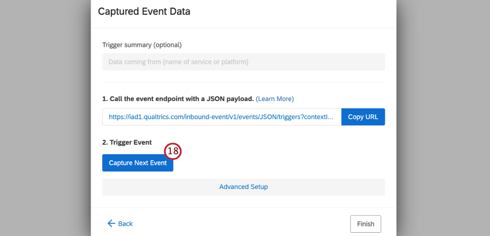 Botón de captura del siguiente evento dentro de la tarea de Qualtrics