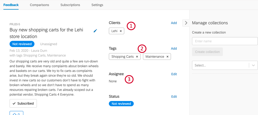 adding clients, tags, and an assignee to a request