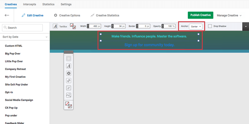 Un cuadro de texto anclado en el Centro