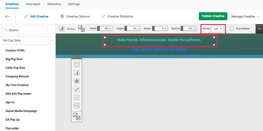 o criativo está ancorado à esquerda