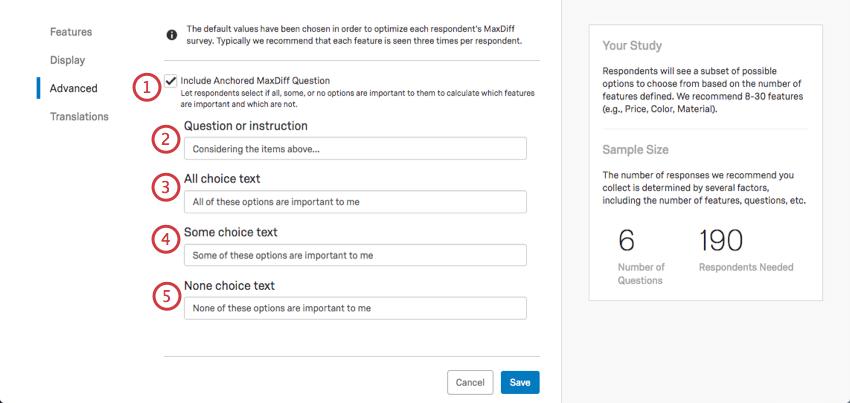 After anchored maxdiff is selected at bottom of advanced page, a bunch of fields appear for you to fill out