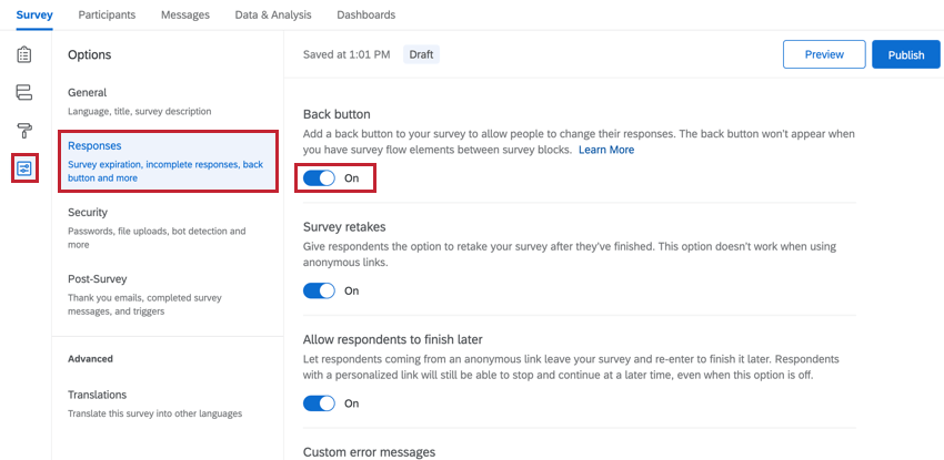 the responses section of survey options. the back button is enabled