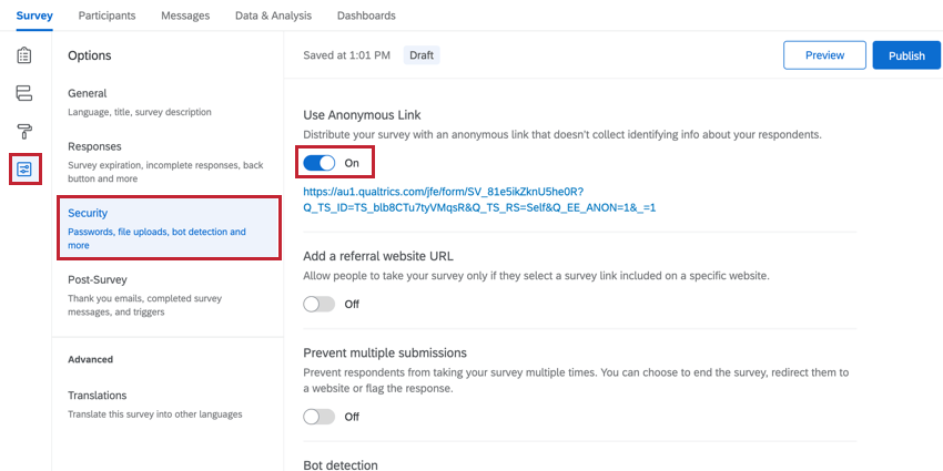 la section sécurité des options de lenquête. loption de lien anonyme est activée